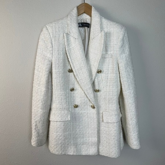 ZARA Double Breasted Tweed Blazer Gold Button ASO Kate Royal Ecru White S - Picture 3 of 12